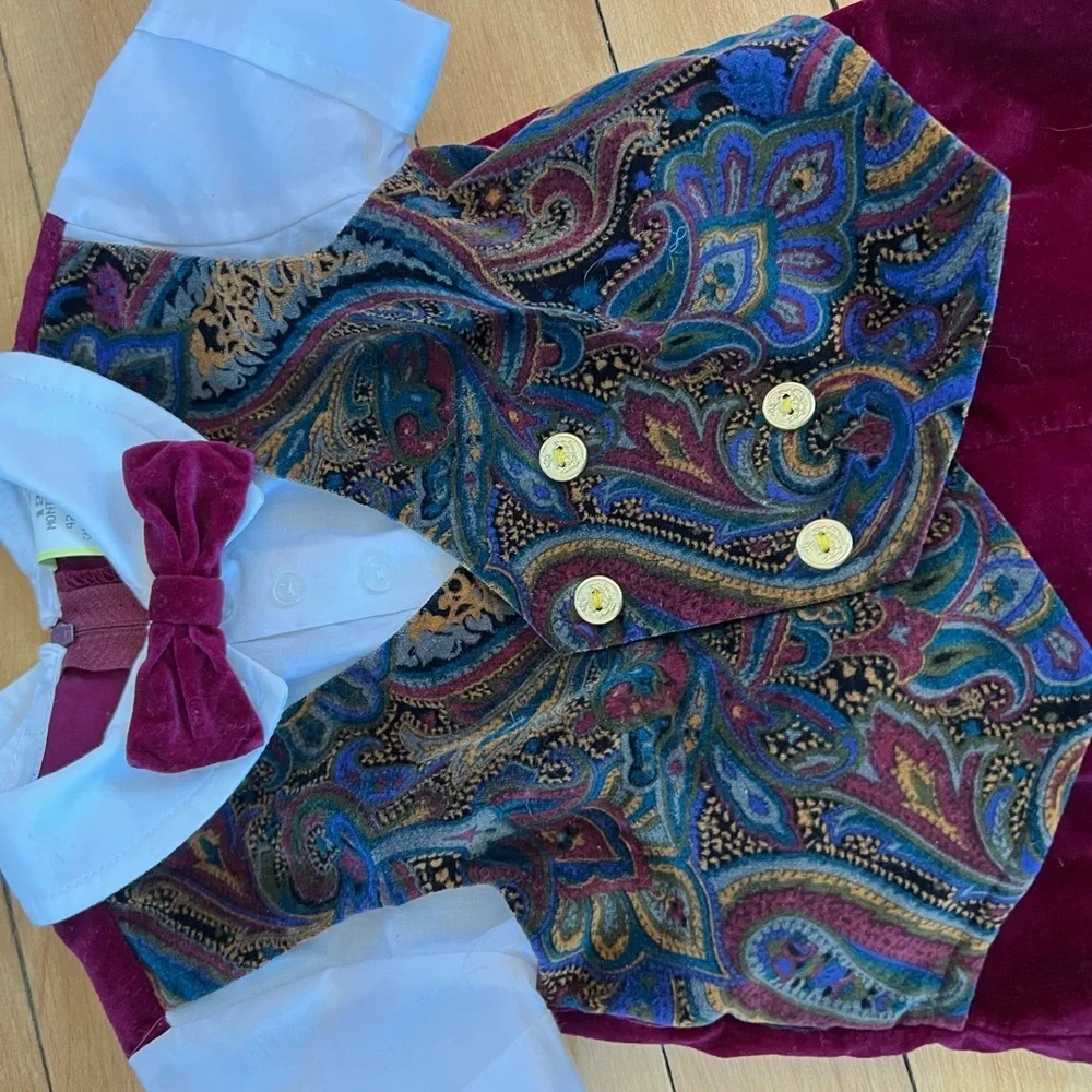Vintage baby boy holiday one piece outfit‎ paisley print top red bow velour